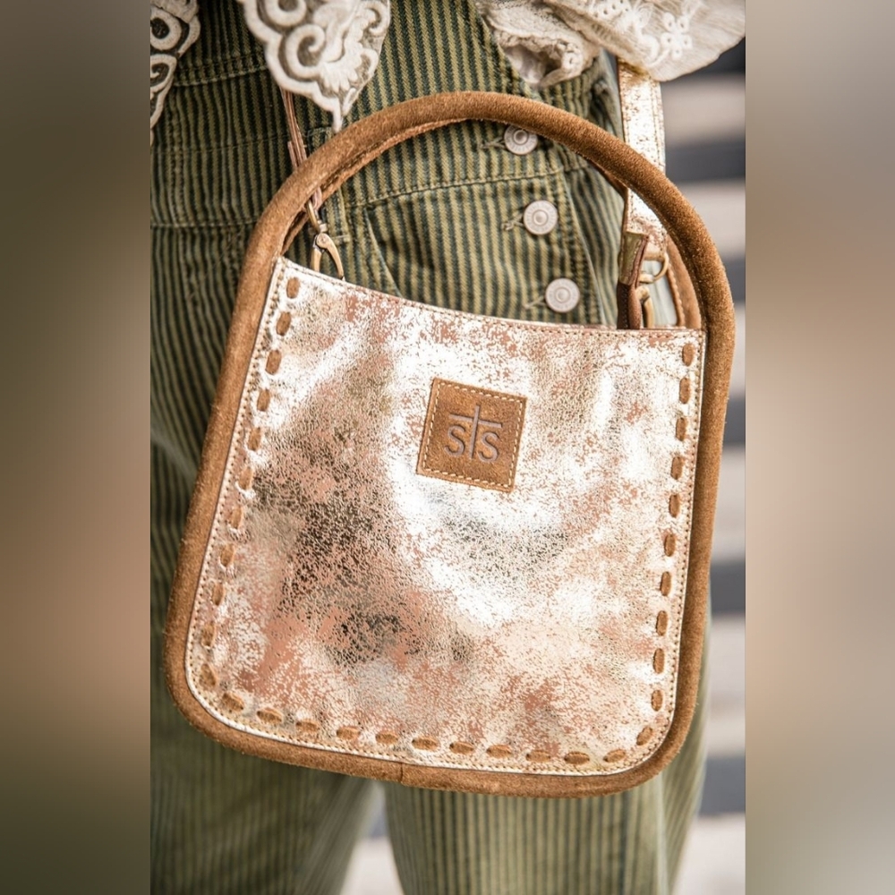 STS Gold Metallic Leather SuedeFlaxen Roan Sugar Crossbody Satchel Handbag NWOT - Picture 3 of 11